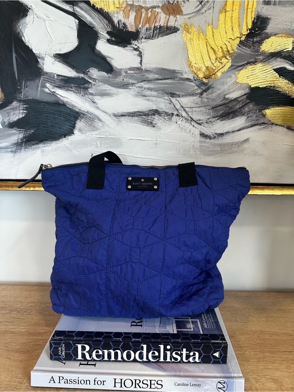 Kate Spade signature quilted bon shopper tote in cobalt.